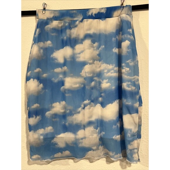 90s Y2K Sky Clouds Print Sheer Mesh Mini Skirt Grunge Rave‎ Hippie Retro Size 2 - Picture 3 of 11